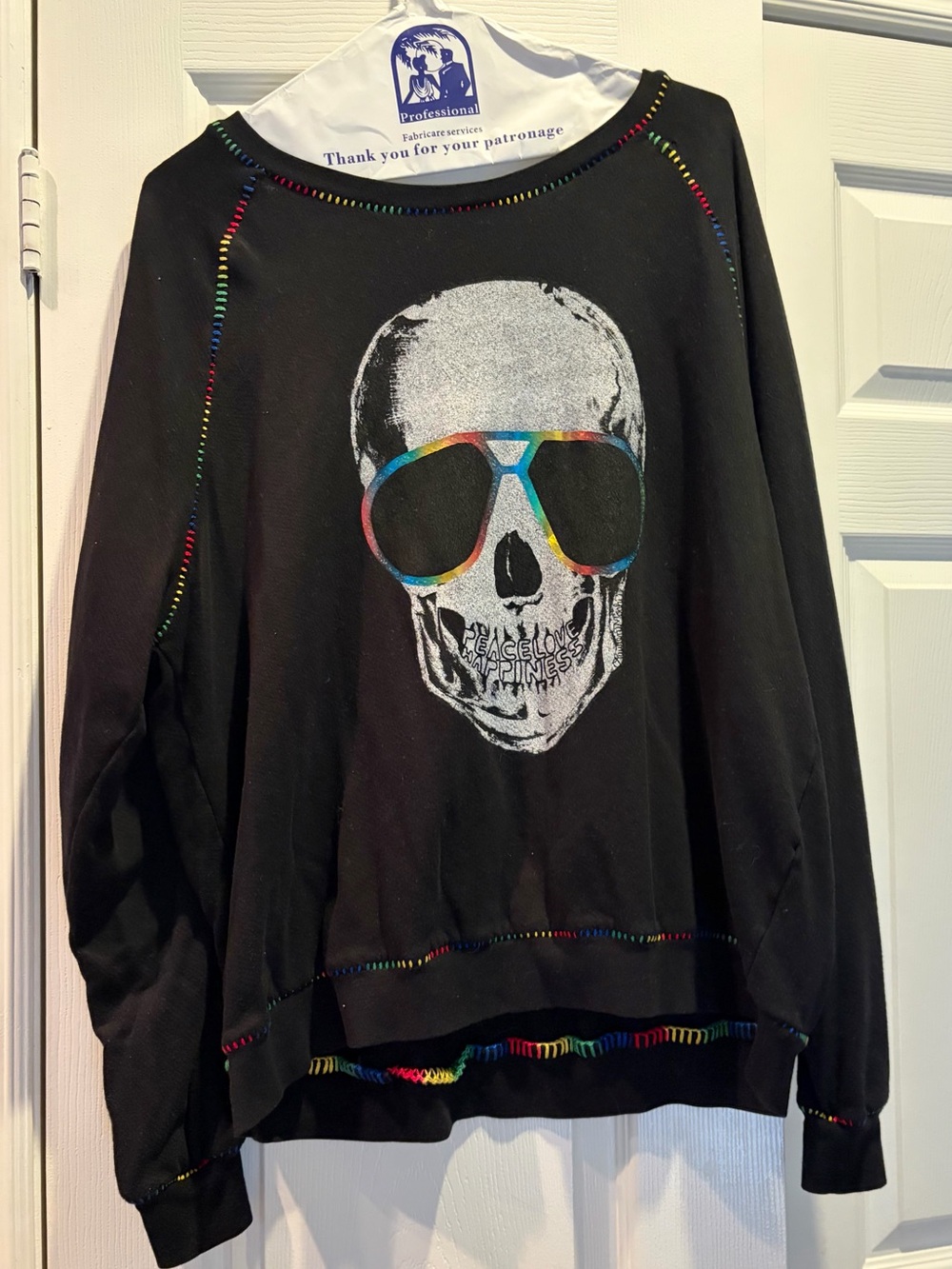Lauren Moshi Black Skull Graphic Sweatshirt with Rainbow Accent Women Sz Large